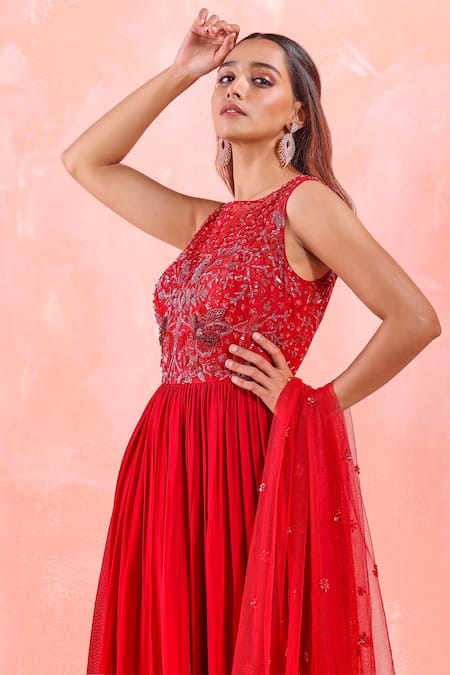 Mirroir Red Viscose Georgette, Silk Embroidered Bodice Anarkali Gown With Dupatta Online at Aza Fashions Mirroir_Red Viscose Georgette, Silk Embroidered Bodice Anarkali Gown With Dupatta _Online_at_Aza_Fashions