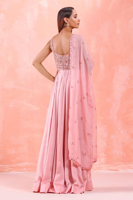 Shop Mirroir Pink Viscose Georgette, Silk Embroidered Bodice Anarkali Gown With Dupatta at Aza Fashions Shop_Mirroir_Pink Viscose Georgette, Silk Embroidered Bodice Anarkali Gown With Dupatta _at_Aza_Fashions