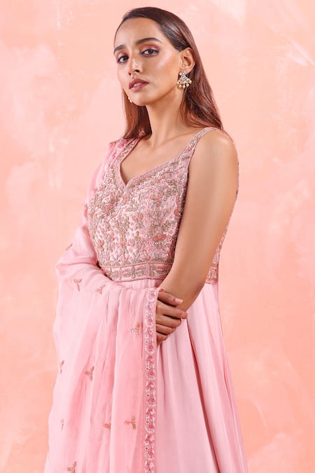 Mirroir Pink Viscose Georgette, Silk Embroidered Bodice Anarkali Gown With Dupatta Online at Aza Fashions Mirroir_Pink Viscose Georgette, Silk Embroidered Bodice Anarkali Gown With Dupatta _Online_at_Aza_Fashions