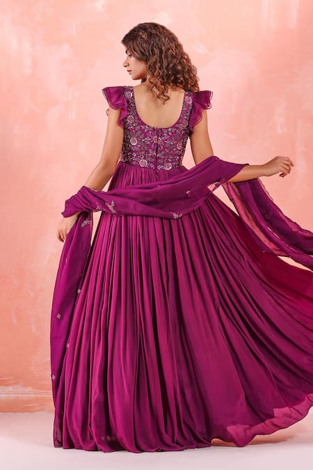 Shop Mirroir Purple Viscose Georgette, Silk Organza, Embroidered Bodice Gown With Dupatta at Aza Fashions Shop_Mirroir_Purple Viscose Georgette, Silk Organza, Embroidered Bodice Gown With Dupatta _at_Aza_Fashions