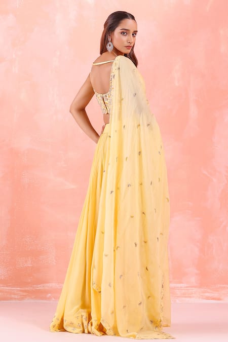 Shop Mirroir Yellow Silk Organza, American Crepe, Net And Lehenga & Embroidered Blouse Set at Aza Fashions Shop_Mirroir_Yellow Silk Organza, American Crepe, Net And Lehenga & Embroidered Blouse Set _at_Aza_Fashions