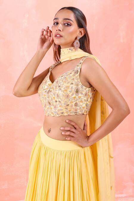 Mirroir Yellow Silk Organza, American Crepe, Net And Lehenga & Embroidered Blouse Set Online at Aza Fashions Mirroir_Yellow Silk Organza, American Crepe, Net And Lehenga & Embroidered Blouse Set _Online_at_Aza_Fashions