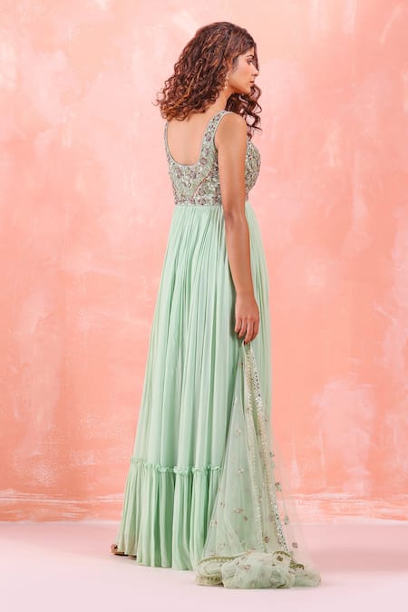 Shop Mirroir Green Silk Organza, American Embroidered Bodice Anarkali Gown With Dupatta at Aza Fashions Shop_Mirroir_Green Silk Organza, American Embroidered Bodice Anarkali Gown With Dupatta _at_Aza_Fashions