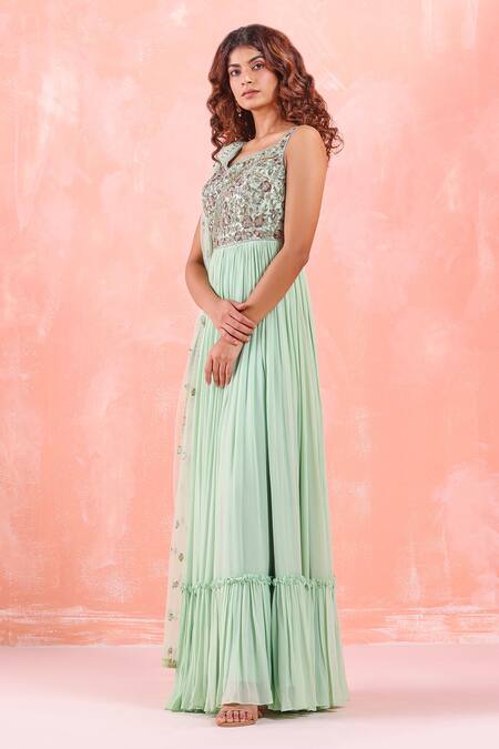 Mirroir Green Silk Organza, American Embroidered Bodice Anarkali Gown With Dupatta Online at Aza Fashions Mirroir_Green Silk Organza, American Embroidered Bodice Anarkali Gown With Dupatta _Online_at_Aza_Fashions