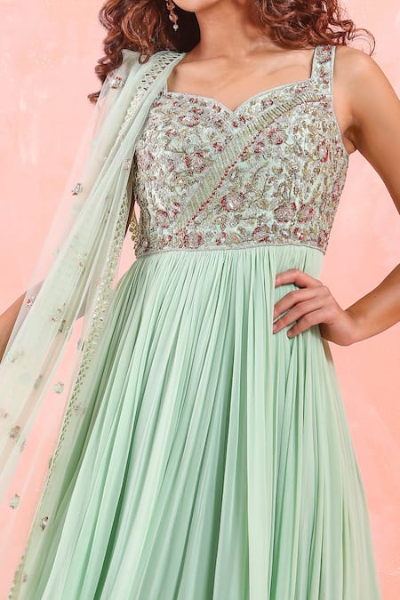 Buy Mirroir Green Silk Organza, American Embroidered Bodice Anarkali Gown With Dupatta Online at Aza Fashions Buy_Mirroir_Green Silk Organza, American Embroidered Bodice Anarkali Gown With Dupatta _Online_at_Aza_Fashions