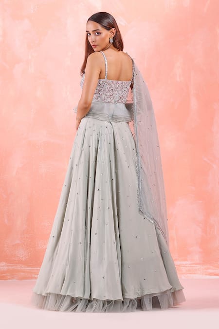 Shop Mirroir Silver Silk Organza, American Crepe, Net And Viscose Embroidered Lehenga Set at Aza Fashions Shop_Mirroir_Silver Silk Organza, American Crepe, Net And Viscose Embroidered Lehenga Set _at_Aza_Fashions