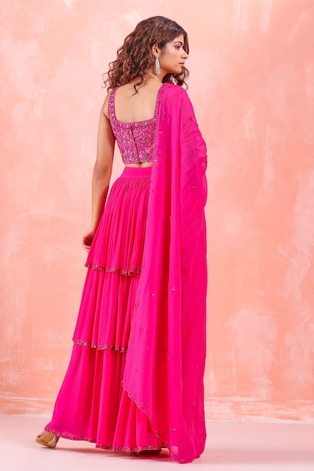 Shop Mirroir Pink Silk Organza, American Crepe, Net And Viscose Georgette Tiered Lehenga Set at Aza Fashions Shop_Mirroir_Pink Silk Organza, American Crepe, Net And Viscose Georgette Tiered Lehenga Set _at_Aza_Fashions