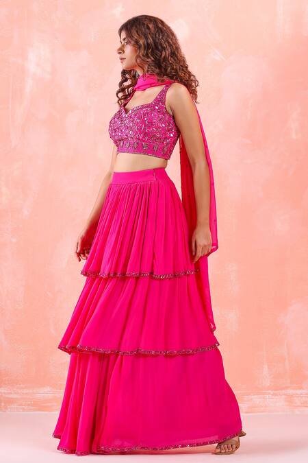 Mirroir Pink Silk Organza, American Crepe, Net And Viscose Georgette Tiered Lehenga Set Online at Aza Fashions Mirroir_Pink Silk Organza, American Crepe, Net And Viscose Georgette Tiered Lehenga Set _Online_at_Aza_Fashions