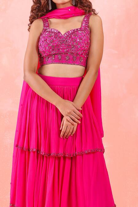 Buy Mirroir Pink Silk Organza, American Crepe, Net And Viscose Georgette Tiered Lehenga Set Online at Aza Fashions Buy_Mirroir_Pink Silk Organza, American Crepe, Net And Viscose Georgette Tiered Lehenga Set _Online_at_Aza_Fashions