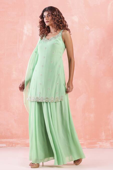 Mirroir_Green Silk Organza, American Crepe, Net And Viscose Embroidered Kurta Sharara Set _Online_at_Aza_Fashions