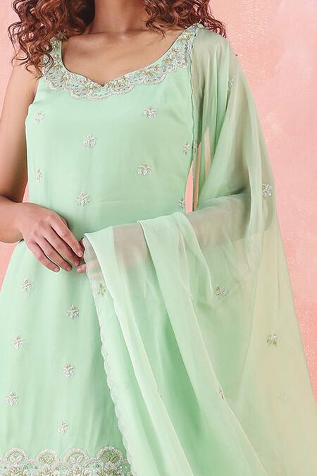 Buy_Mirroir_Green Silk Organza, American Crepe, Net And Viscose Embroidered Kurta Sharara Set _Online_at_Aza_Fashions