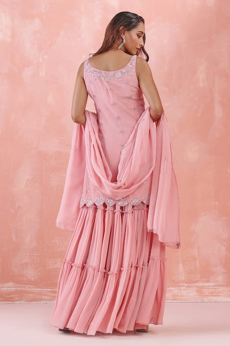 Shop_Mirroir_Pink Viscose Georgette, Silk Organza, American Embroidered Kurta Sharara Set _at_Aza_Fashions