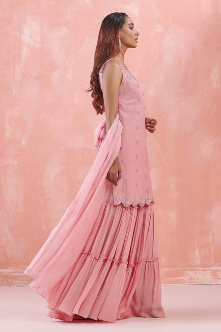 Mirroir_Pink Viscose Georgette, Silk Organza, American Embroidered Kurta Sharara Set _Online_at_Aza_Fashions