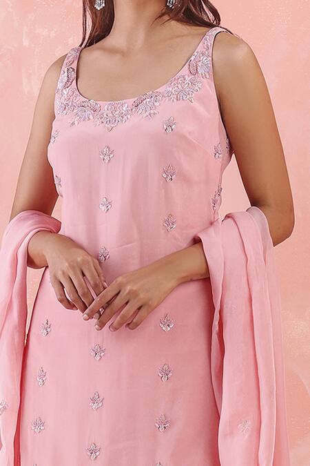 Buy_Mirroir_Pink Viscose Georgette, Silk Organza, American Embroidered Kurta Sharara Set _Online_at_Aza_Fashions