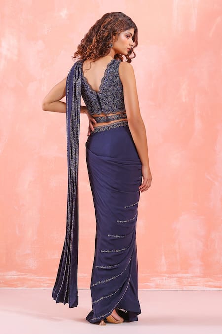 Shop_Mirroir_Blue Viscose Georgette, American Crepe, Lining Pre-draped Saree With Blouse _at_Aza_Fashions