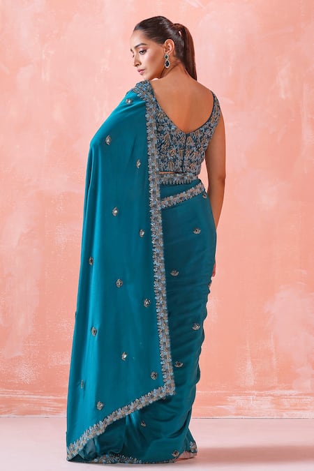 Shop Mirroir Green Viscose Georgette, American Crepe, Embroidered Border Saree With Blouse at Aza Fashions Shop_Mirroir_Green Viscose Georgette, American Crepe, Embroidered Border Saree With Blouse _at_Aza_Fashions