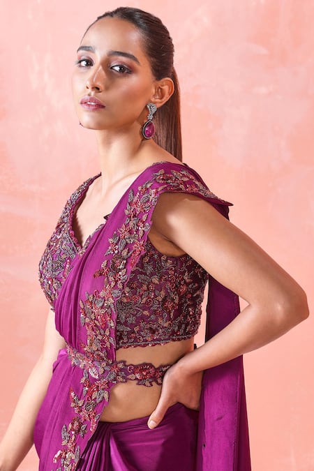 Mirroir_Purple Viscose Georgette, American Crepe, Embroidered Border Saree With Blouse _Online_at_Aza_Fashions
