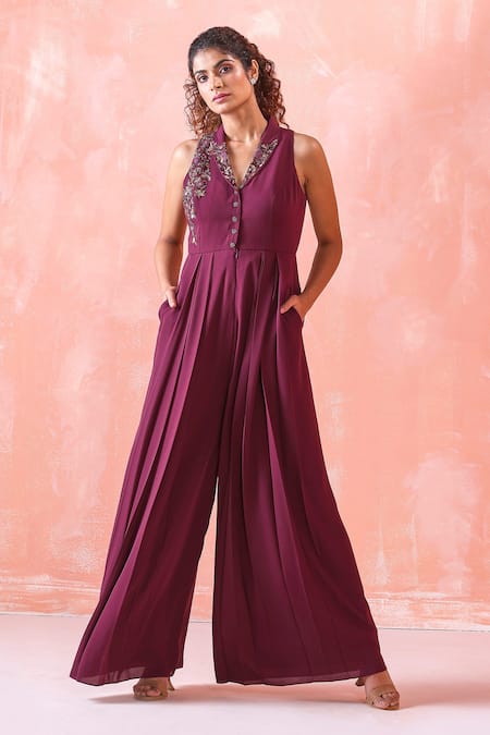 Mirroir Purple Royal Georgette Embroidery Sequin And Beads Collared Placement Jumpsuit 