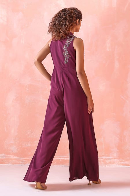 Shop Mirroir Purple Royal Georgette Sequin And Beads Collared Placement Embroidered Jumpsuit at Aza Fashions Shop_Mirroir_Purple Royal Georgette Sequin And Beads Collared Placement Embroidered Jumpsuit _at_Aza_Fashions