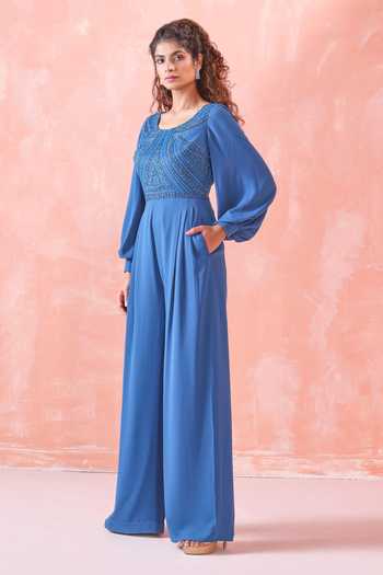 Mirroir_Blue Royal Georgette Sequin And Beads Round Embroidered Bodice Jumpsuit _Online_at_Aza_Fashions