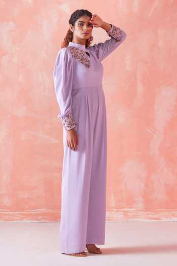 Mirroir_Purple Royal Georgette Sequin And Beads Band Placement Embroidered Jumpsuit _Online_at_Aza_Fashions