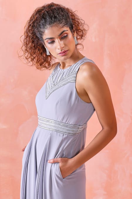 Mirroir_Grey Royal Georgette Embroidery Sequin And Beads Round Pleated Jumpsuit _Online_at_Aza_Fashions
