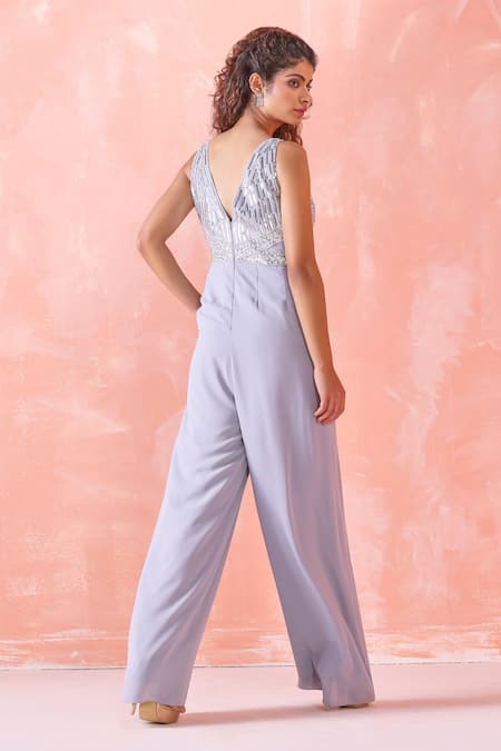 Shop Mirroir Grey Royal Georgette Sequin And Beads V Neck Embroidered Bodice Jumpsuit at Aza Fashions Shop_Mirroir_Grey Royal Georgette Sequin And Beads V Neck Embroidered Bodice Jumpsuit _at_Aza_Fashions