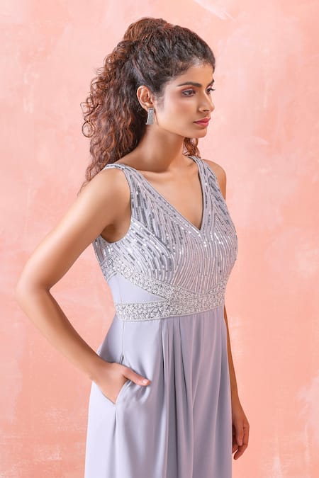 Mirroir Grey Royal Georgette Sequin And Beads V Neck Embroidered Bodice Jumpsuit Online at Aza Fashions Mirroir_Grey Royal Georgette Sequin And Beads V Neck Embroidered Bodice Jumpsuit _Online_at_Aza_Fashions