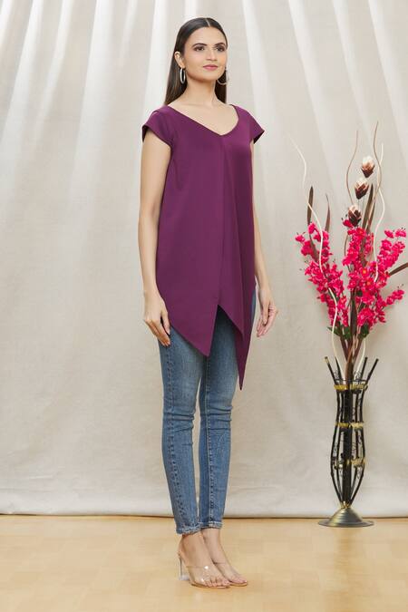 Megha Garg_Purple Scuba Plain V Neck Asymmetric Sleeveless Top _Online_at_Aza_Fashions