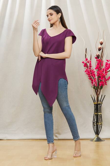 Buy_Megha Garg_Purple Scuba Plain V Neck Asymmetric Sleeveless Top _Online_at_Aza_Fashions