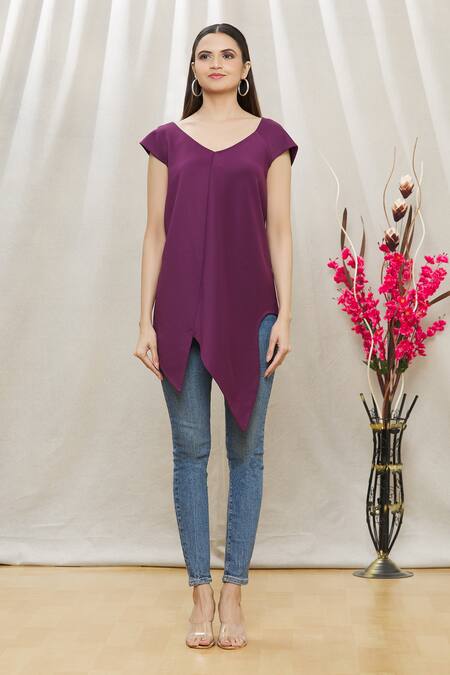 Shop_Megha Garg_Purple Scuba Plain V Neck Asymmetric Sleeveless Top _Online_at_Aza_Fashions