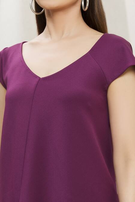 Megha Garg_Purple Scuba Plain V Neck Asymmetric Sleeveless Top _at_Aza_Fashions