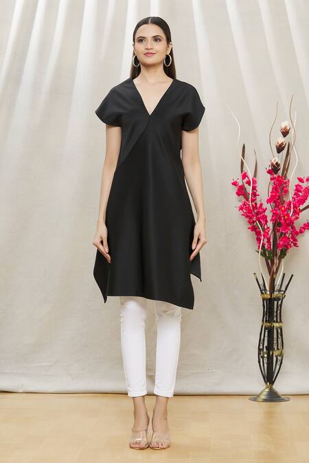 Shop Megha Garg Black Scuba Plain V Neck Asymmetric Tunic Online at Aza Fashions Shop_Megha Garg_Black Scuba Plain V Neck Asymmetric Tunic_Online_at_Aza_Fashions