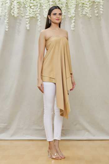 Megha Garg_Beige Scuba Plain Straight Asymmetric Draped Tunic _Online_at_Aza_Fashions