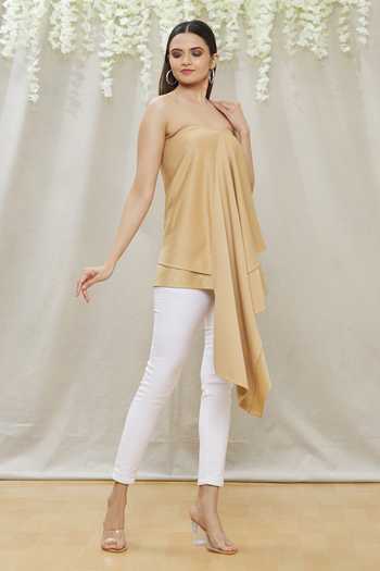 Buy_Megha Garg_Beige Scuba Plain Straight Asymmetric Draped Tunic _Online_at_Aza_Fashions