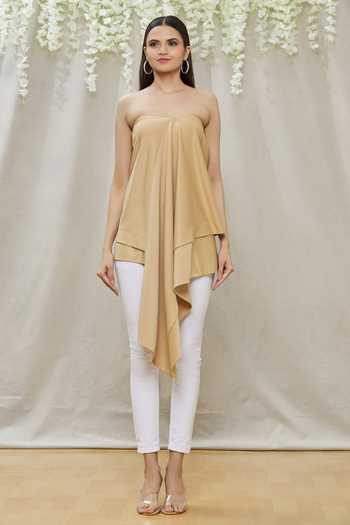 Shop_Megha Garg_Beige Scuba Plain Straight Asymmetric Draped Tunic _Online_at_Aza_Fashions
