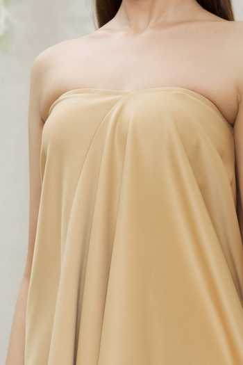 Megha Garg_Beige Scuba Plain Straight Asymmetric Draped Tunic _at_Aza_Fashions
