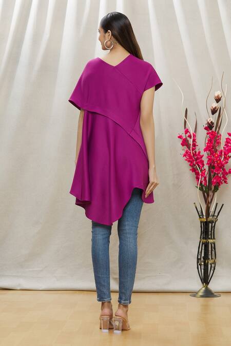 Shop_Megha Garg_Purple Scuba Plain V Neck Asymmetric Draped Tunic _at_Aza_Fashions
