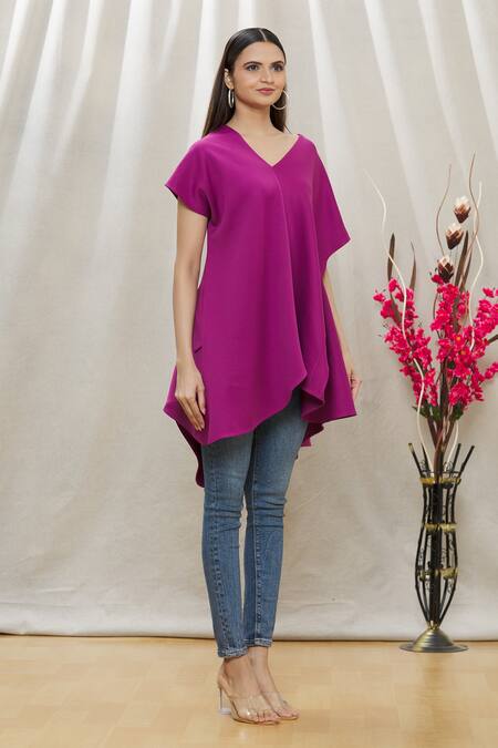 Megha Garg_Purple Scuba Plain V Neck Asymmetric Draped Tunic _Online_at_Aza_Fashions