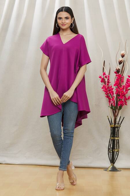 Buy_Megha Garg_Purple Scuba Plain V Neck Asymmetric Draped Tunic _Online_at_Aza_Fashions