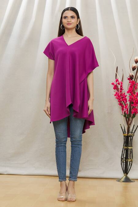 Shop_Megha Garg_Purple Scuba Plain V Neck Asymmetric Draped Tunic _Online_at_Aza_Fashions
