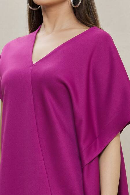Megha Garg_Purple Scuba Plain V Neck Asymmetric Draped Tunic _at_Aza_Fashions