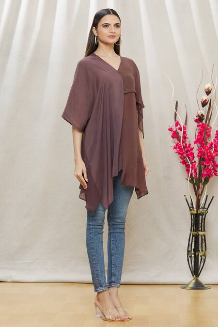 Megha Garg_Brown Crepe Plain V Neck Draped Tunic _Online_at_Aza_Fashions
