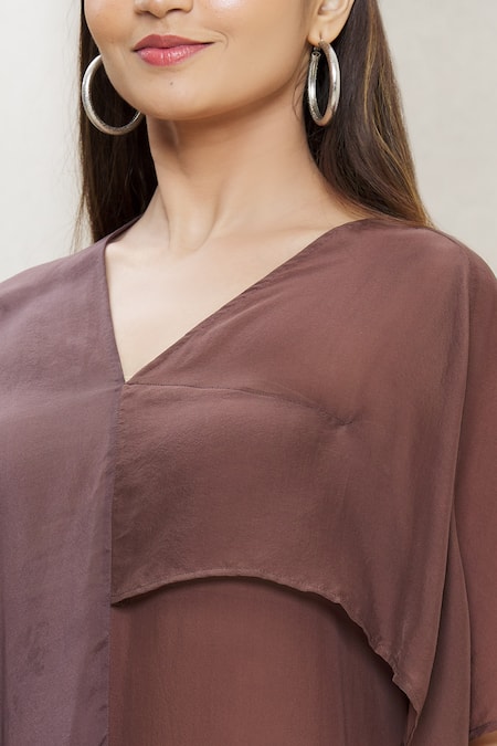 Megha Garg_Brown Crepe Plain V Neck Draped Tunic _at_Aza_Fashions