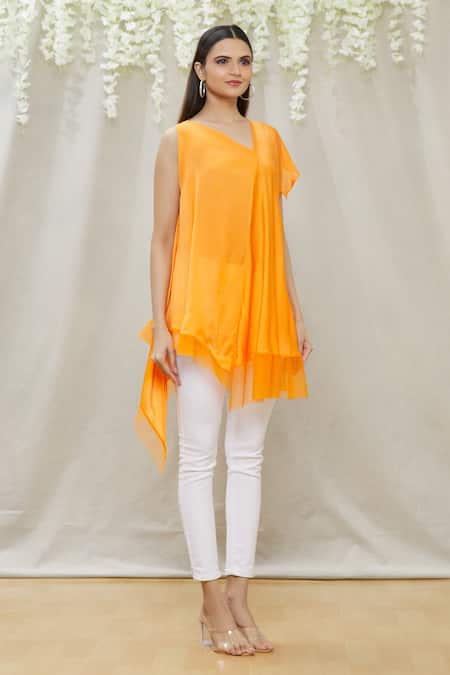 Megha Garg_Orange Crepe Plain Asymmetric Draped Tunic_Online_at_Aza_Fashions