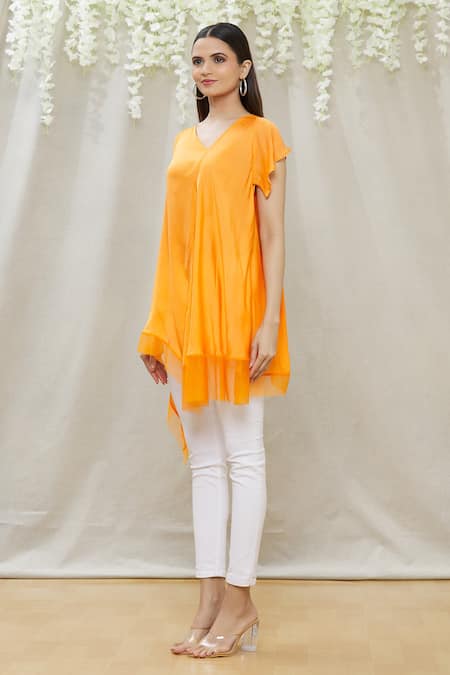 Buy_Megha Garg_Orange Crepe Plain Asymmetric Draped Tunic_Online_at_Aza_Fashions