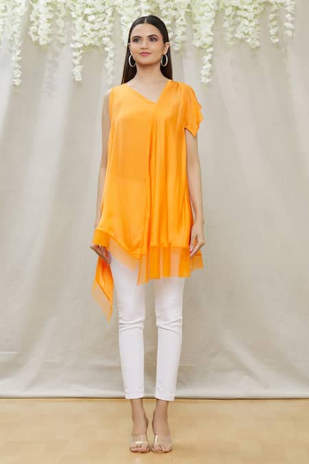 Shop_Megha Garg_Orange Crepe Plain Asymmetric Draped Tunic_Online_at_Aza_Fashions