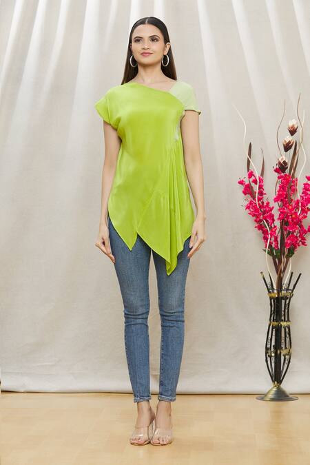 Shop Megha Garg Green Crepe Asymmetric Draped Tunic Online at Aza Fashions Shop_Megha Garg_Green Crepe Asymmetric Draped Tunic _Online_at_Aza_Fashions