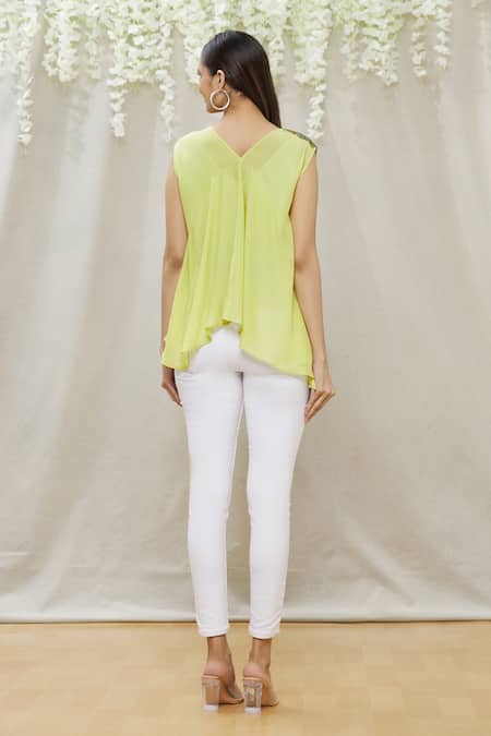 Shop Megha Garg Green Crepe Sequins V Neck Placement Embroidered Flared Top at Aza Fashions Shop_Megha Garg_Green Crepe Sequins V Neck Placement Embroidered Flared Top _at_Aza_Fashions