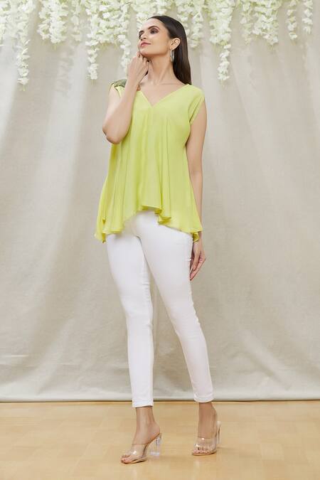 Megha Garg Green Crepe Sequins V Neck Placement Embroidered Flared Top Online at Aza Fashions Megha Garg_Green Crepe Sequins V Neck Placement Embroidered Flared Top _Online_at_Aza_Fashions